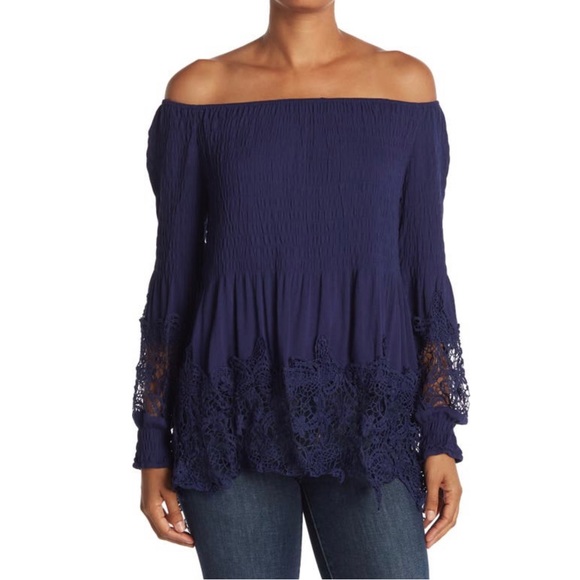 Casting |  Women’s Crochet Trim Smocked Off-The-Shoulder Top Color: Navy - Picture 1 of 17